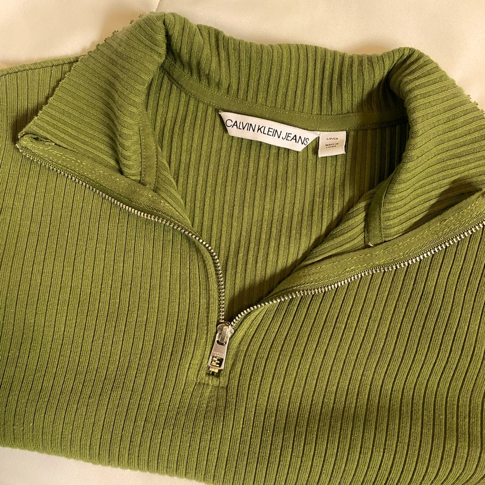Olive green zip up Calvin Klein shirt, size small